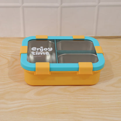 Airtight 3 Compartment Stainless Steel Lunch Box With Spoon  Fork  600ml