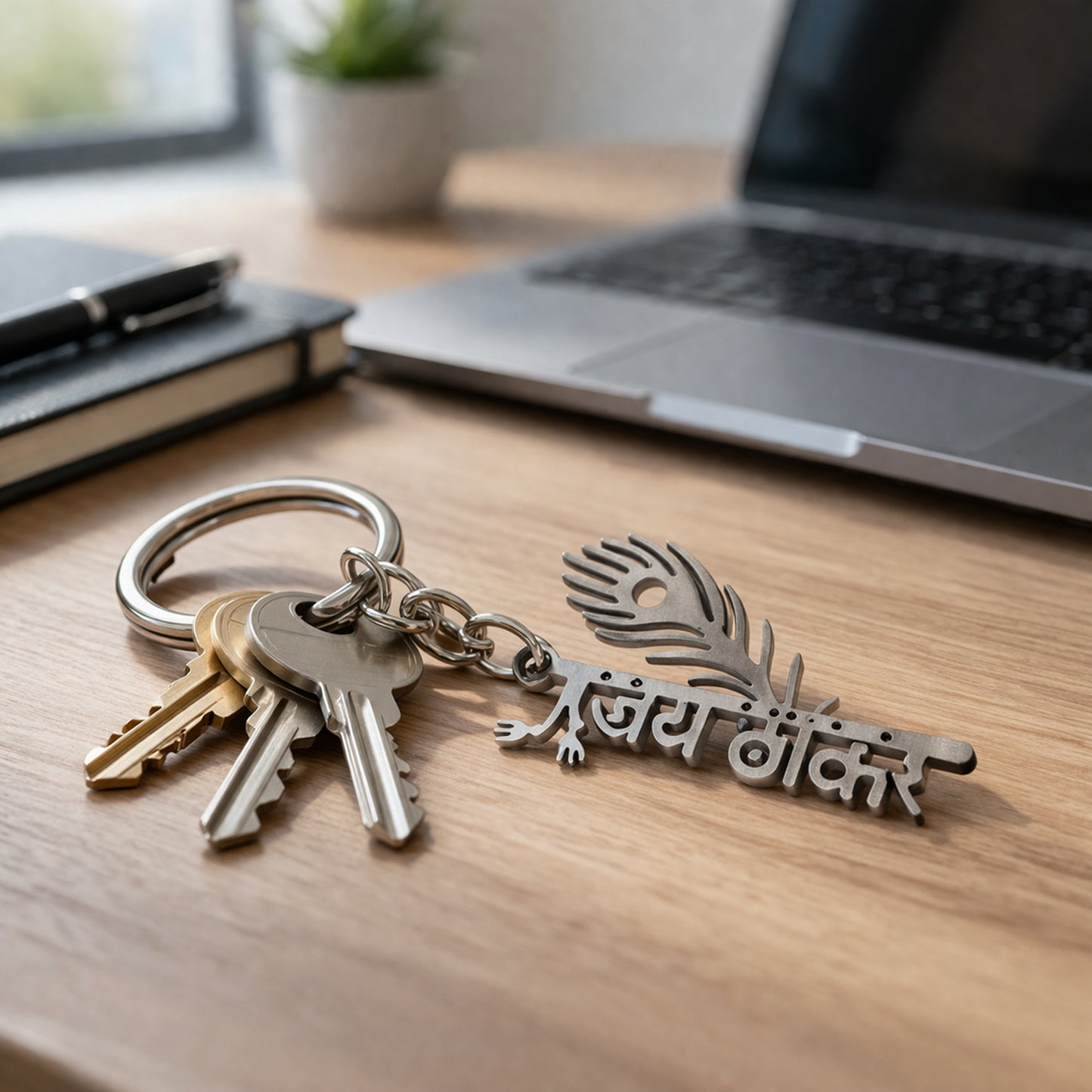 Premium Metal Jay Thakar Peepal Leaf Design Keychain 1 Pc
