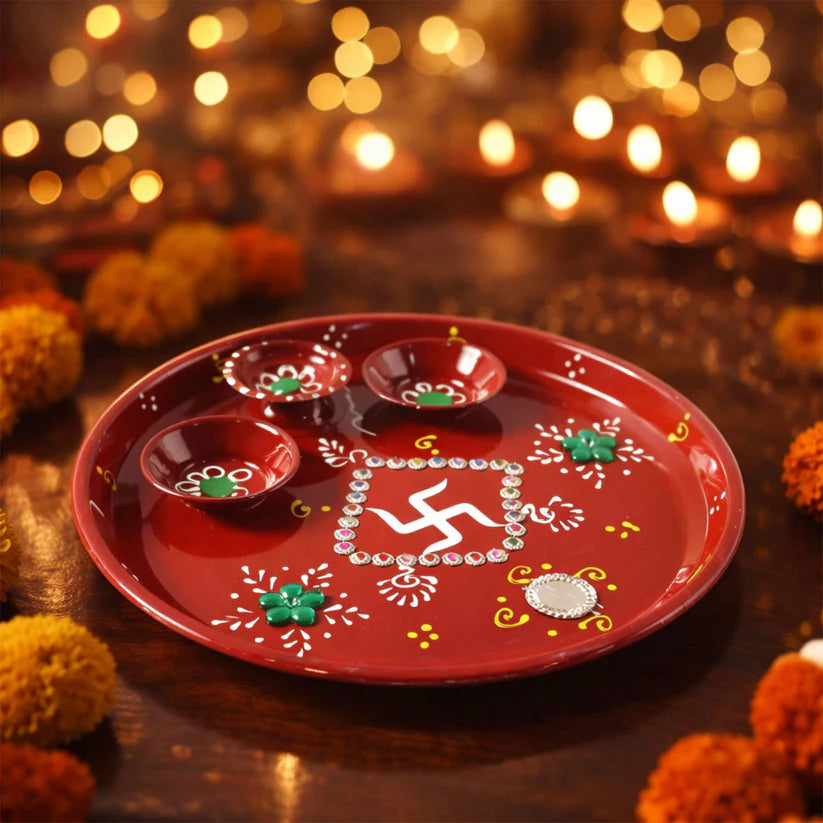 Hand-painted Decorative Pooja Thali With Ganesha Motif And Diyas