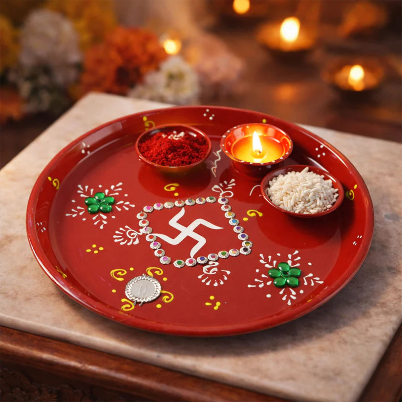 Hand-painted Decorative Pooja Thali With Ganesha Motif And Diyas
