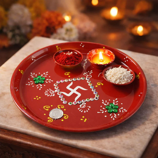 Hand-painted Decorative Pooja Thali With Ganesha Motif And Diyas