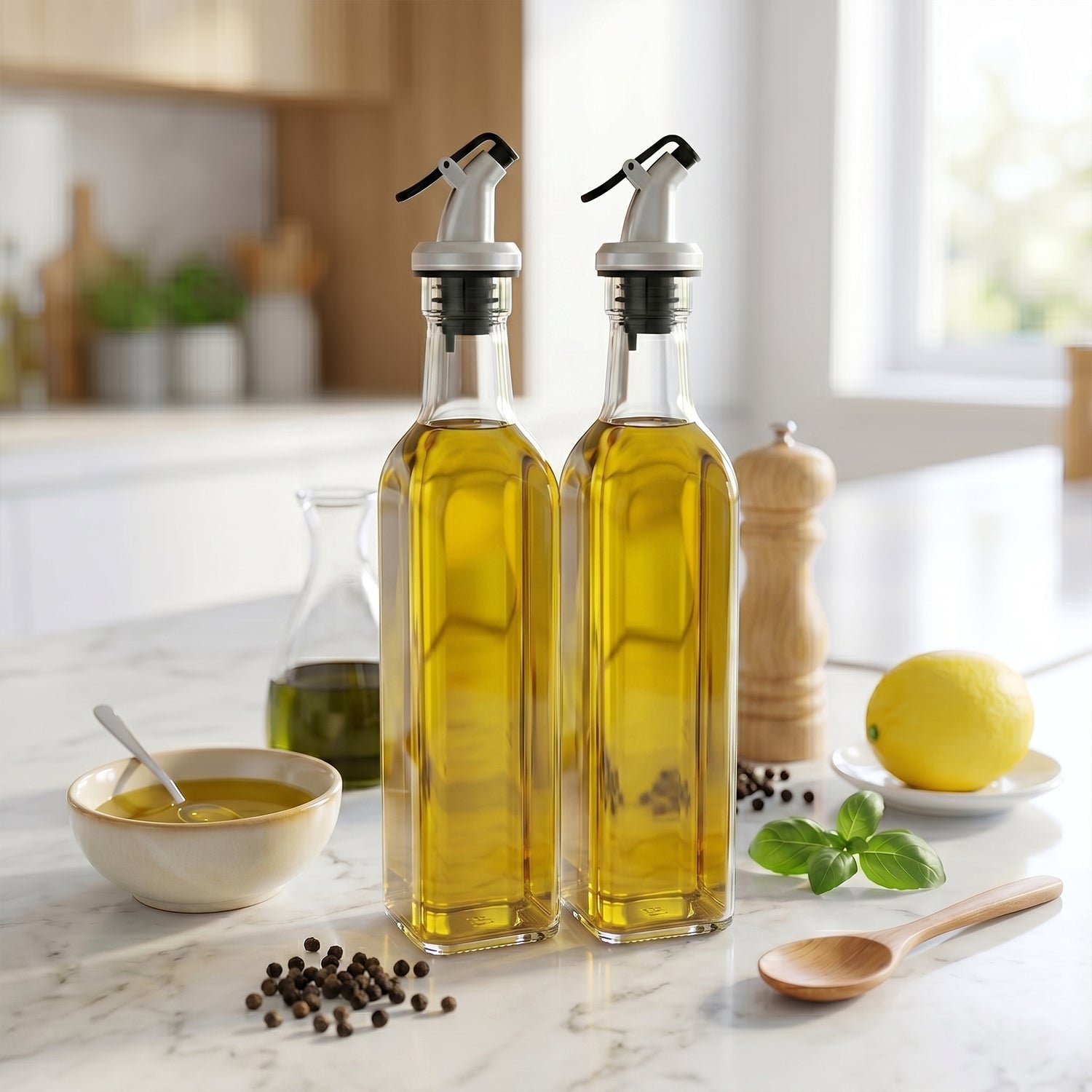 Glass Oil Dispenser Bottle Transparent Leak Proof Olive Oil Vinegar (2 Pc Set)