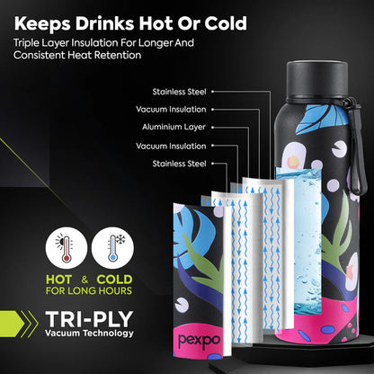 Pexpo Stainless Steel Printed Water Bottle 800 Ml Approx (1 Pc)