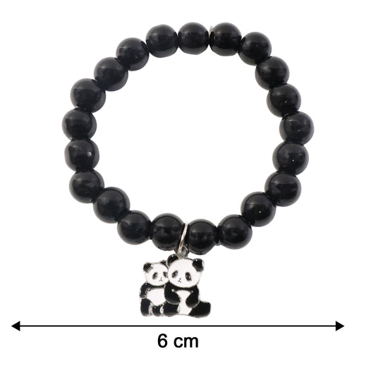 Premium Black Beaded Stretch Bracelet With Cute Panda Charm (1 Pc)