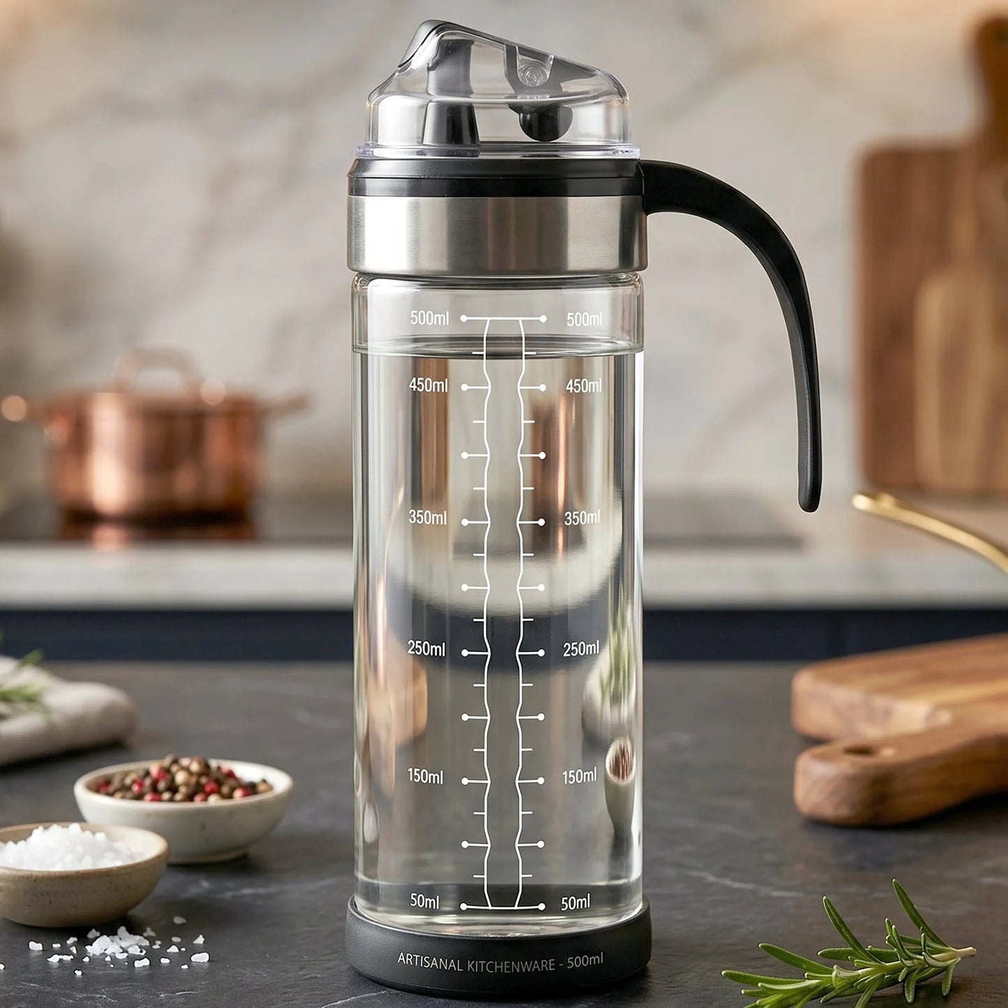 Glass Oil Dispenser Bottle With Handle And Auto Flip Lid For Kitchen (500 Ml)