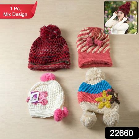 Cute Winter Woolen Knitted Caps For Men  Women (1 Pc Mix Design)