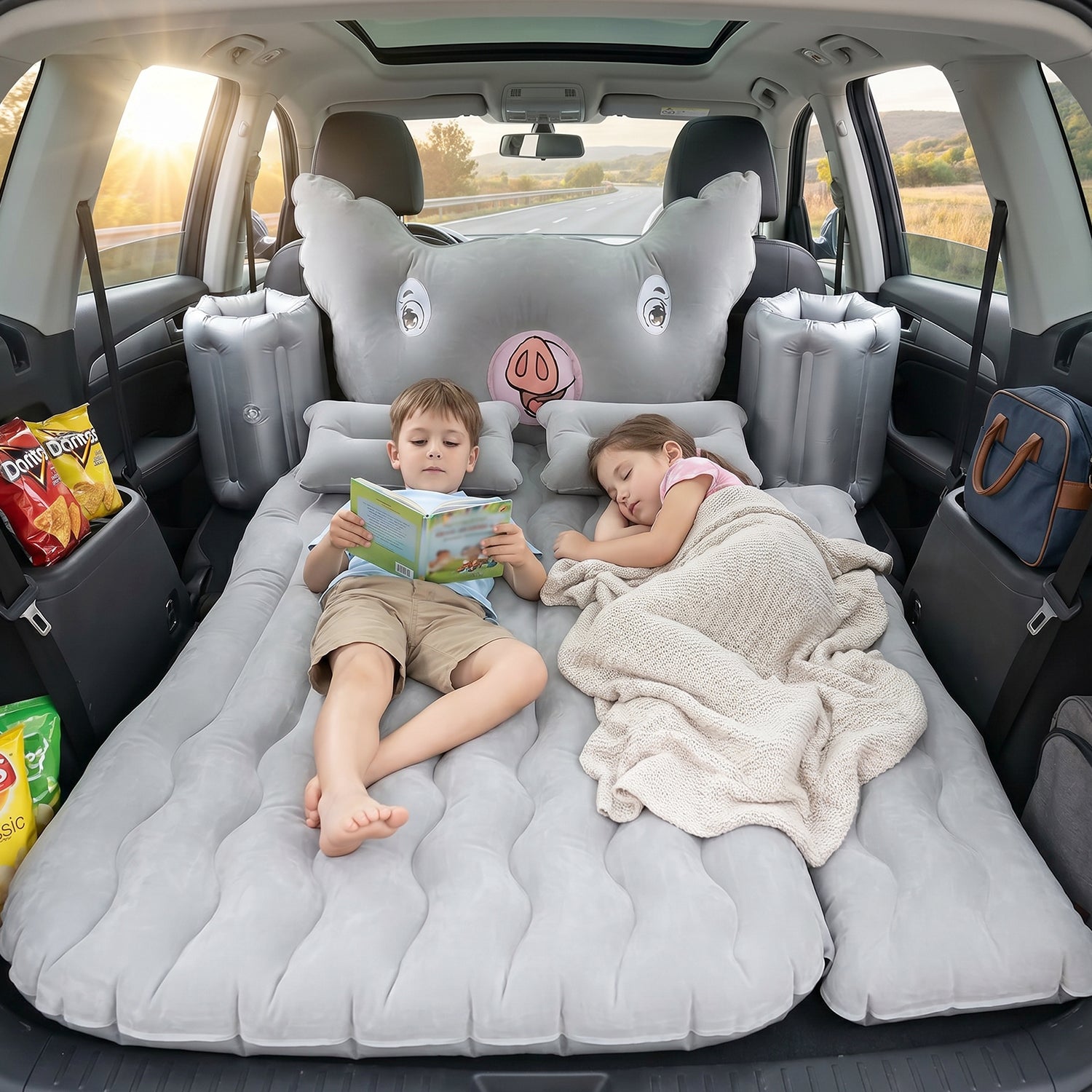 Portable Car Air Mattress Set With Pig Pillow And Cushions For Travel Comfort (1 Set)