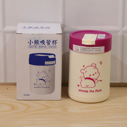 Cute Cartoon Printed Glass Tumbler With Lid And Straw (400 Ml)