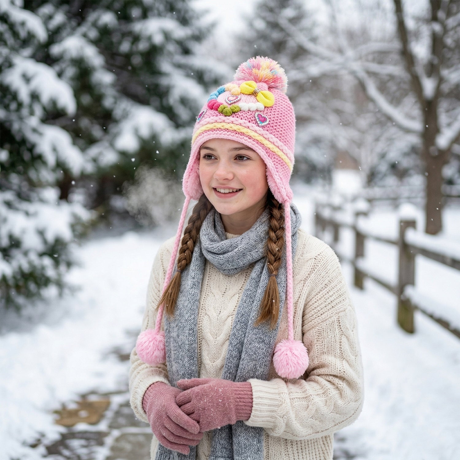 Cute Kids Winter Woolen Ear Flap Cap With Pom Pom (1 Pc Mix Design)