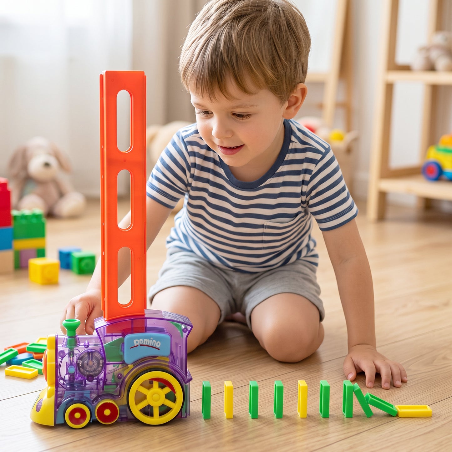 Automatic Domino Laying Train Engine Toy With Light And Music For Kids (1 Pc)
