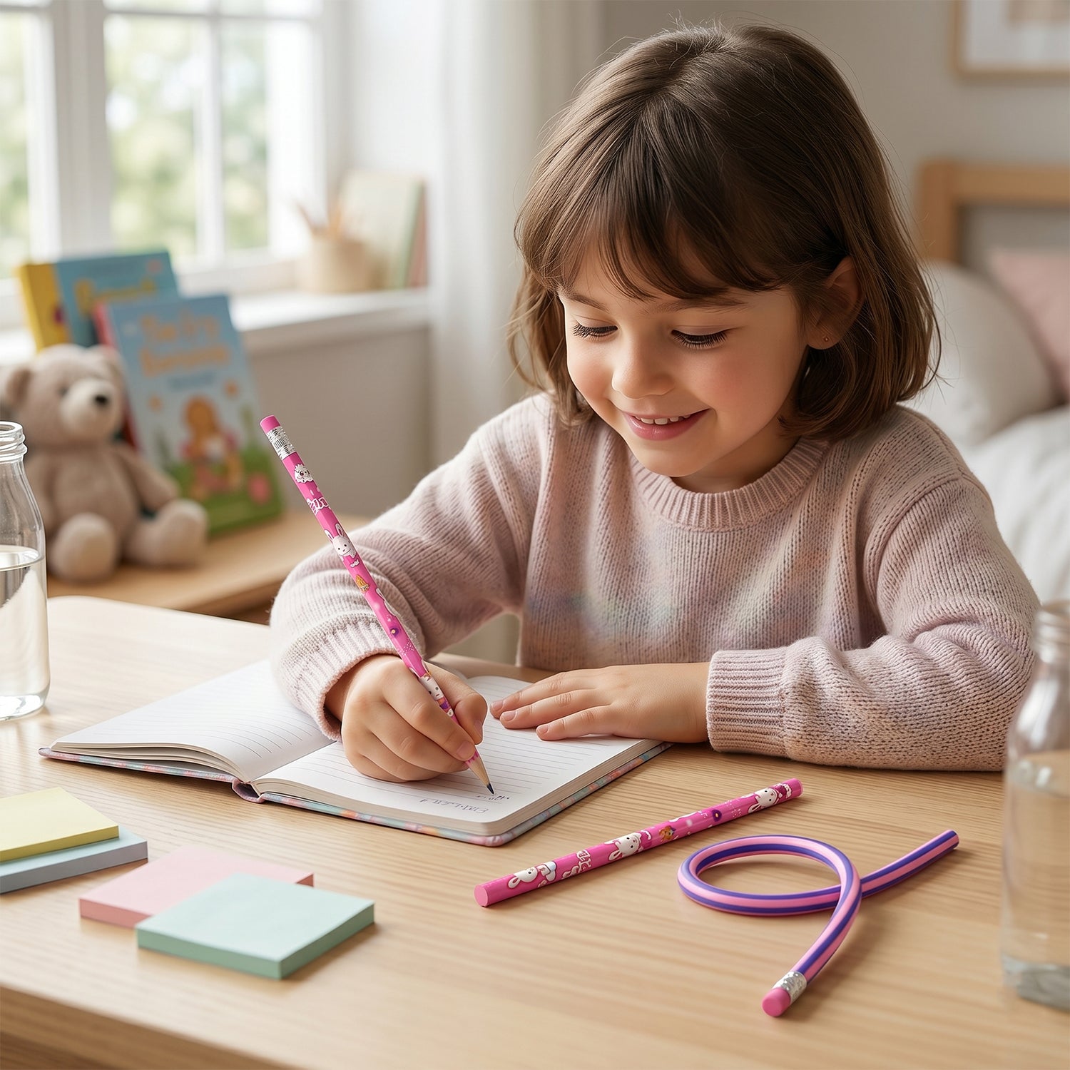 7-in-1 Cute Pink Stationery Set With Ruler Pencil Eraser Notebook Sharpener