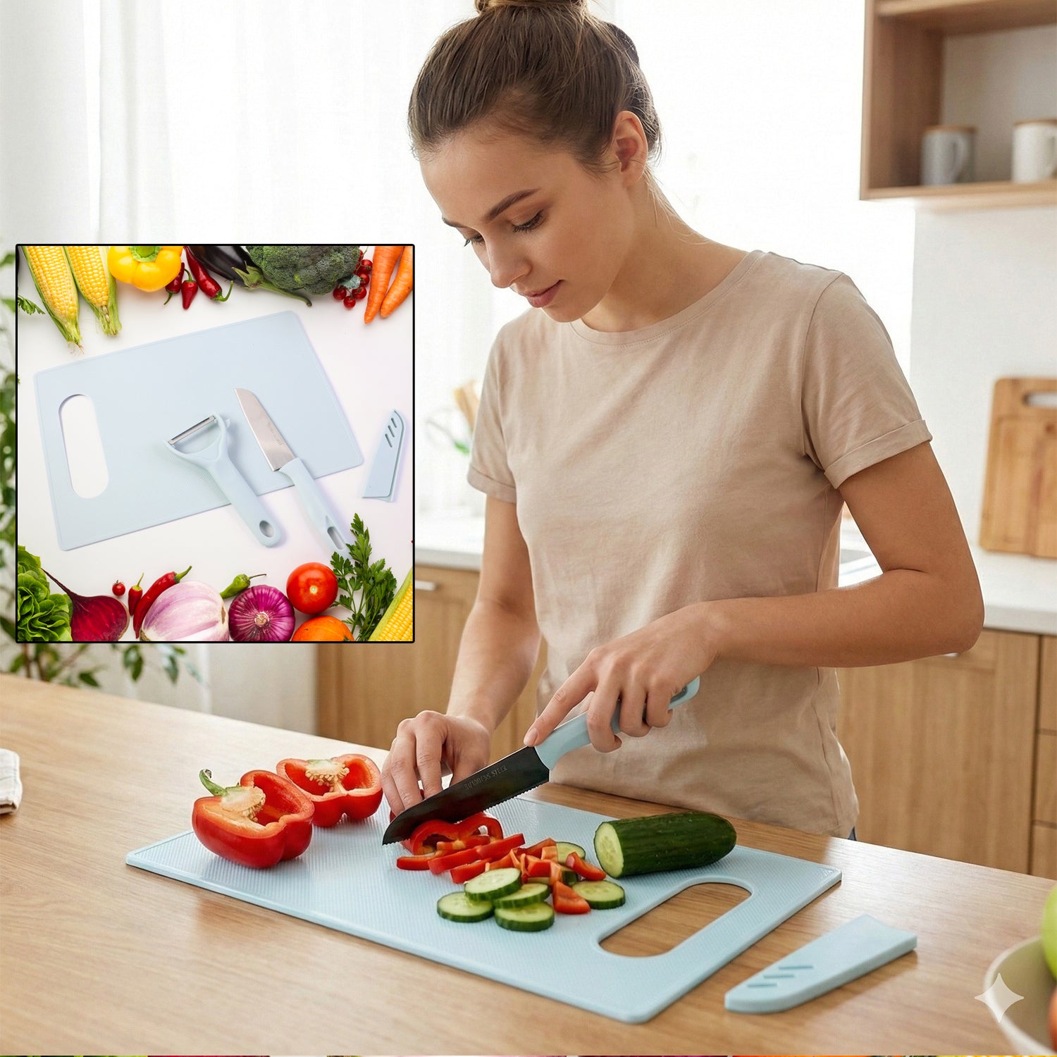 3 In 1 Kitchen Knife  Chopping Board Set (1 Set)