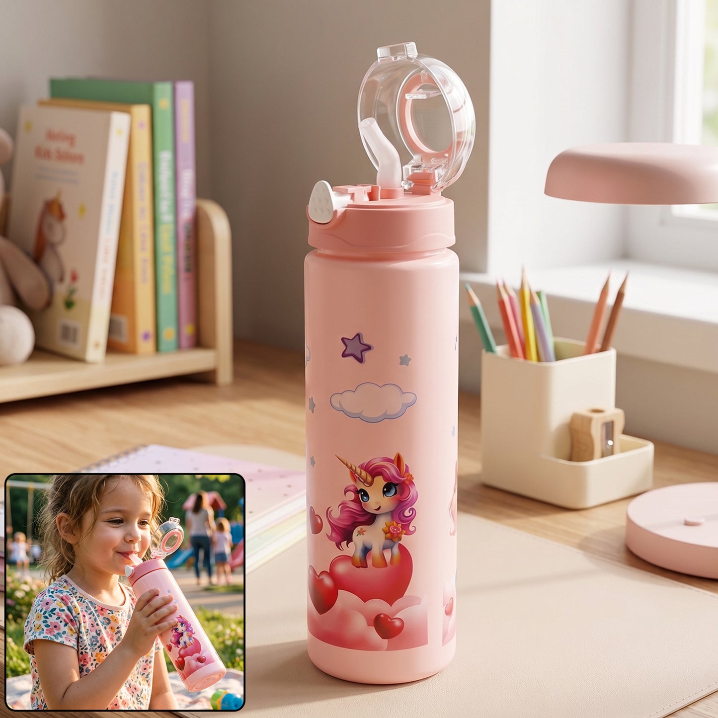 Cute Cartoon Printed Kids Water Bottle With Flip Top Lid Straw (500 Ml Approx)