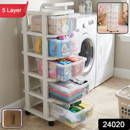 5 Layer Plastic Storage Drawer Rack Organizer With Wheels For Home (1 Pc)