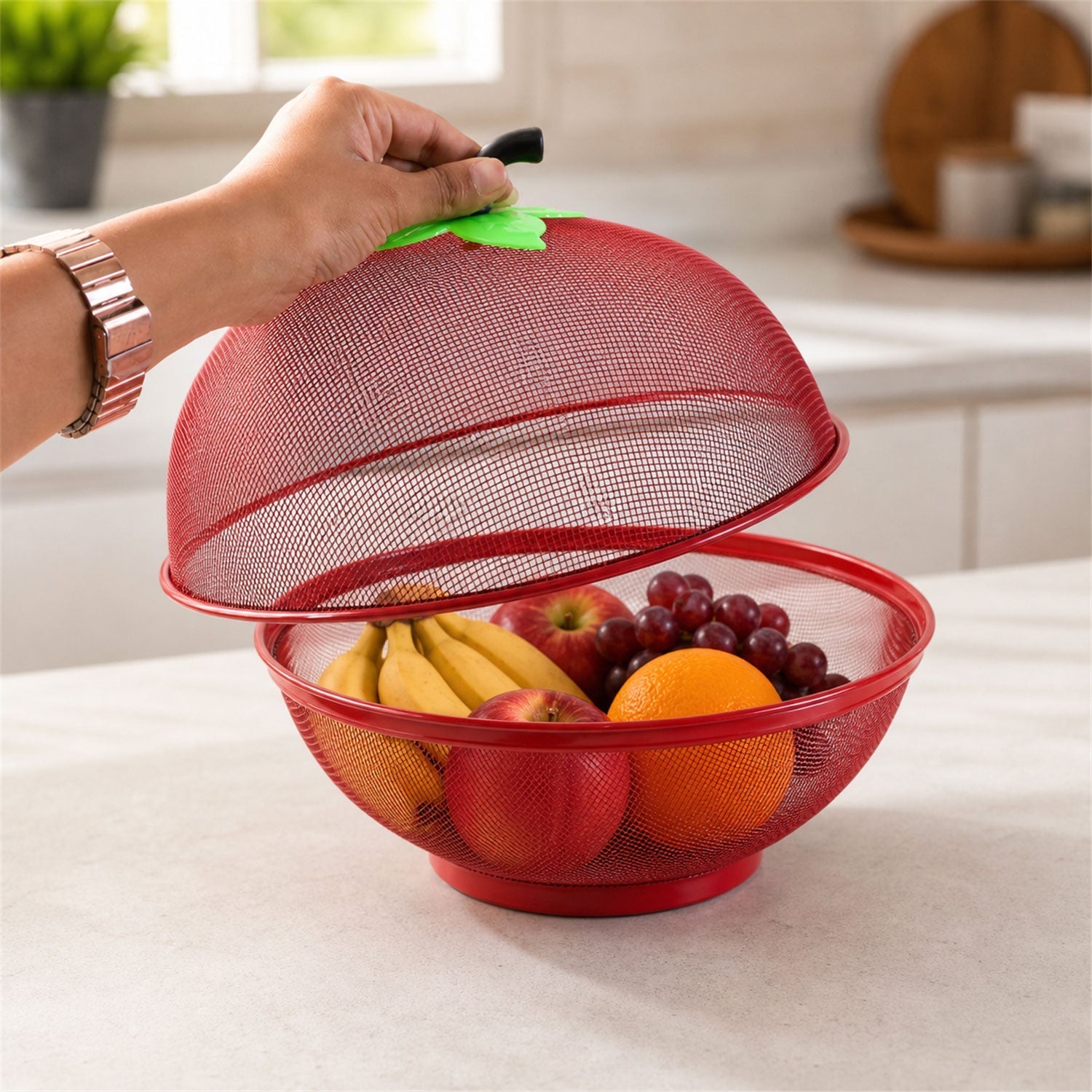 Metal Net Fruit Basket With Apple Shaped Dome Cover For Kitchen Use (1 Pc)