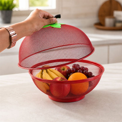 Metal Net Fruit Basket With Apple Shaped Dome Cover For Kitchen Use (1 Pc)
