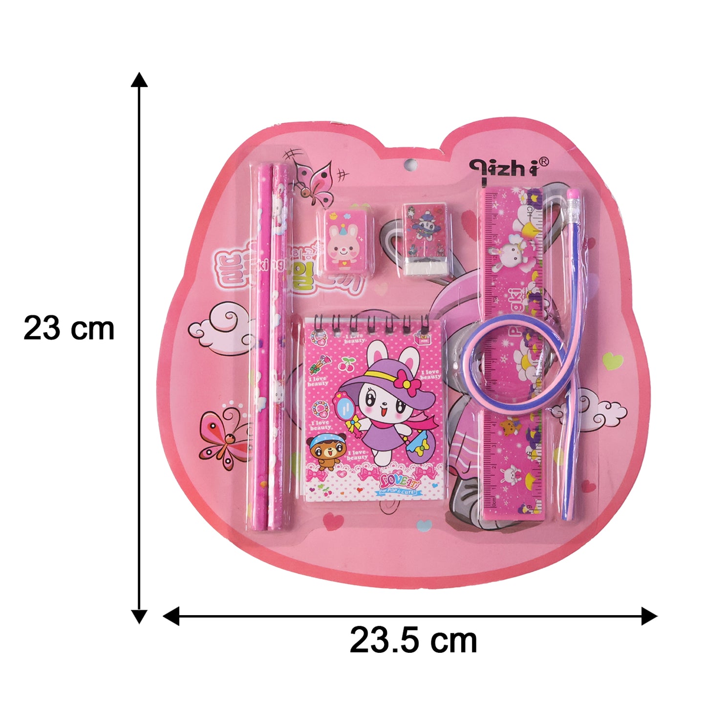 7-in-1 Cute Pink Stationery Set With Ruler Pencil Eraser Notebook Sharpener