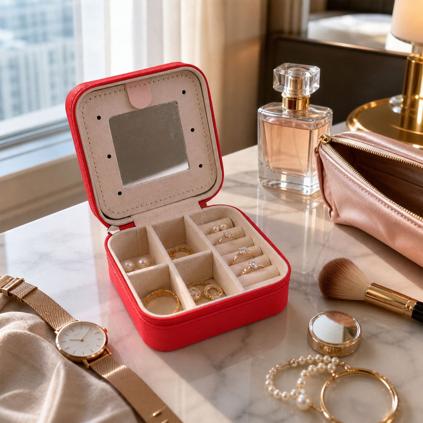 Mini Jewelry Organizer Box With Mirror For Rings And Earrings (1 Pc)