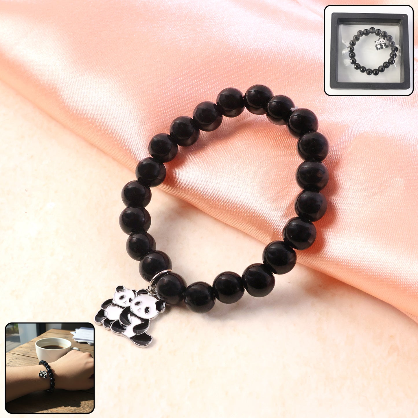 Premium Black Beaded Stretch Bracelet With Cute Panda Charm (1 Pc)