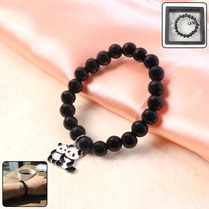 Premium Black Beaded Stretch Bracelet With Cute Panda Charm (1 Pc)