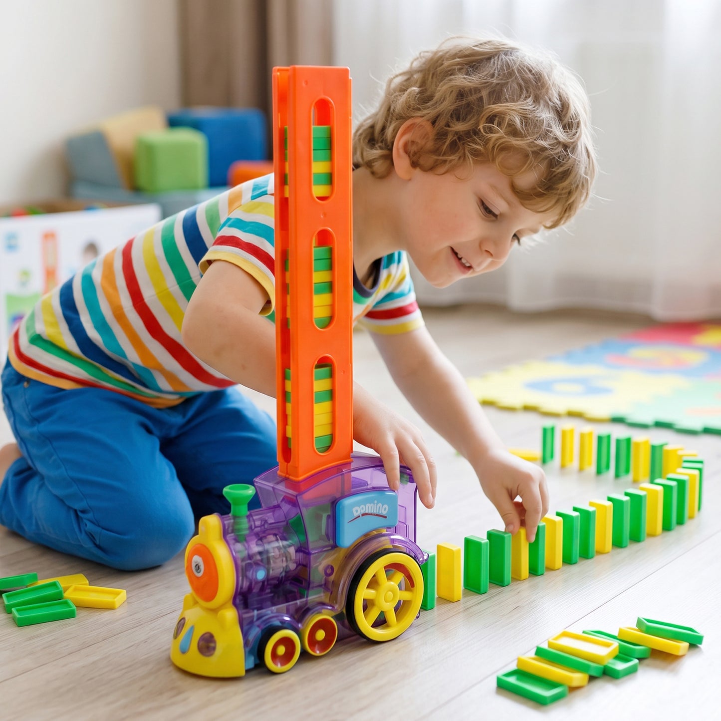 Automatic Domino Laying Train Engine Toy With Light And Music For Kids (1 Pc)