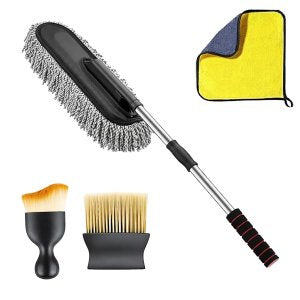 Car Cleaning Kit Combo – Long Retractable Car Duster, Mini Interior Clean Soft Brush, Multipurpose AC Vent Cleaner Brush & 40x30 cm Microfiber Cloth – Complete Car Cleaning Set (Pack of 4)