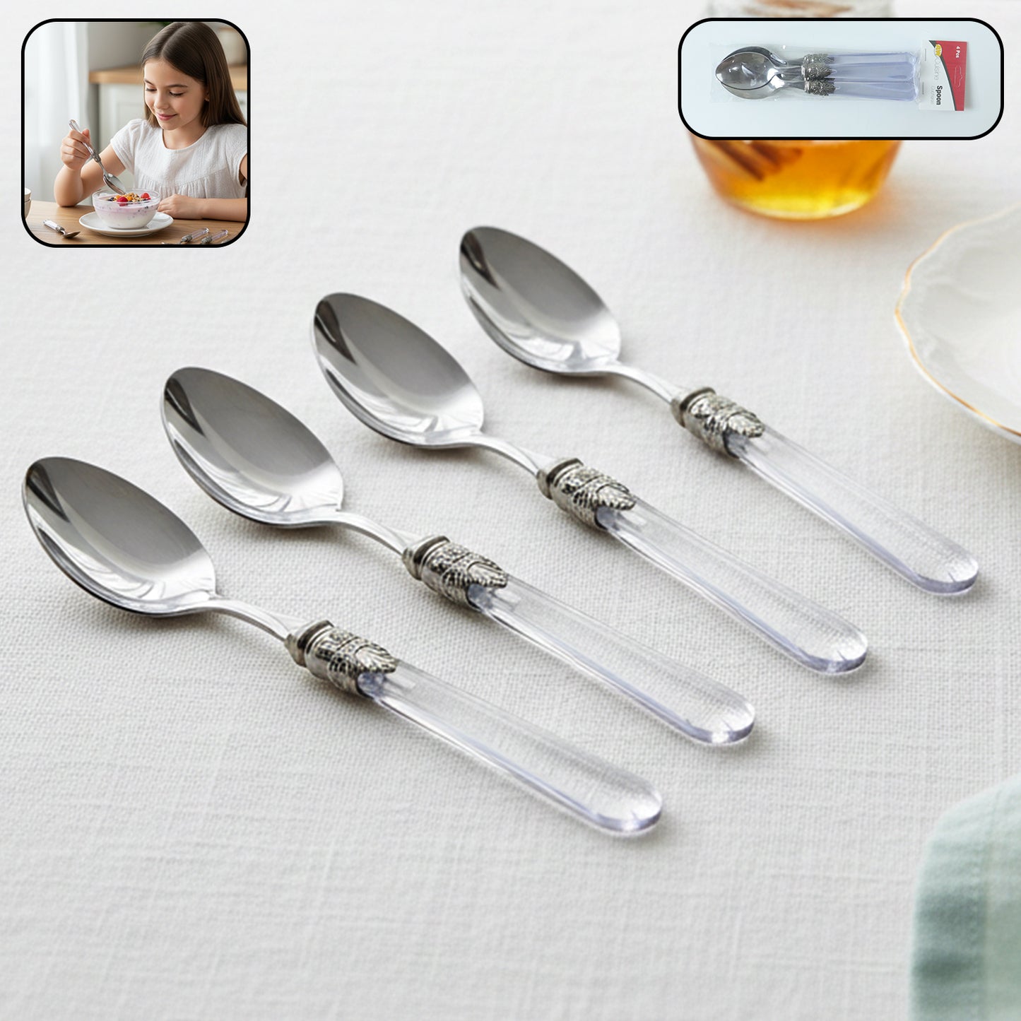 Premium Stainless Steel Dessert Spoon With Plastic Handle Set (4 Pc Set)