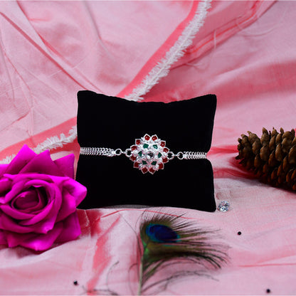 Traditional Floral Rakhi With Red  Green Stones  Silver Designer Rakhi For Brother
