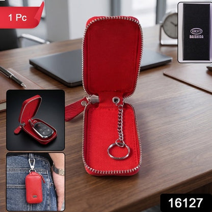 Leather Car Key Case Smart Key Holder Pouch With Zip And Snap Hook (1 Pc)