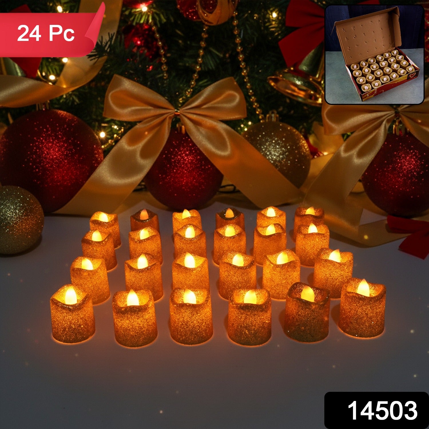 Christmas Premium Glitter Led Tealight Candles  Flameless Decorative Lights (24 Pc Set)