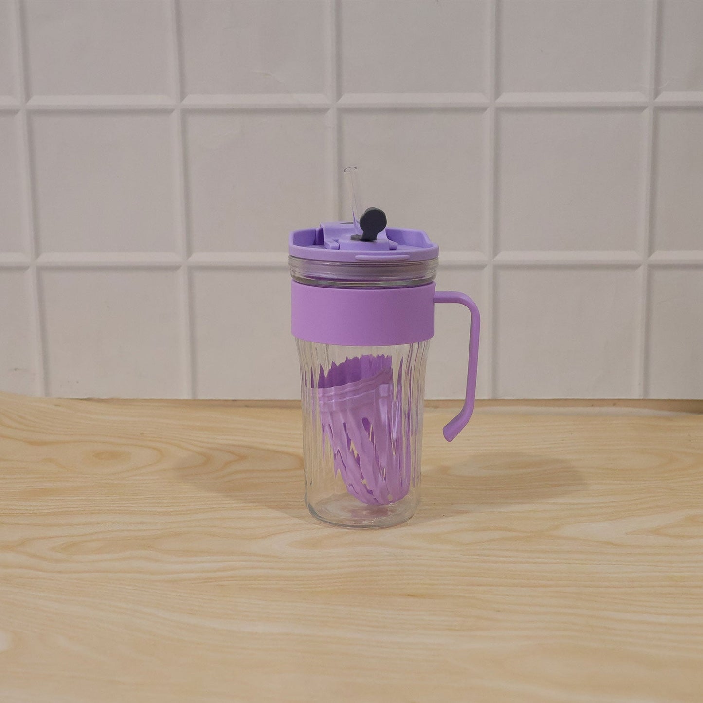 Glass Tumbler With Lid Straw And Handle For Cold Beverages And Juice (1 Pc)