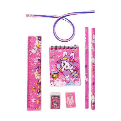 7-in-1 Cute Pink Stationery Set With Ruler Pencil Eraser Notebook Sharpener