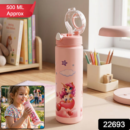 Cute Cartoon Printed Kids Water Bottle With Flip Top Lid Straw (500 Ml Approx)