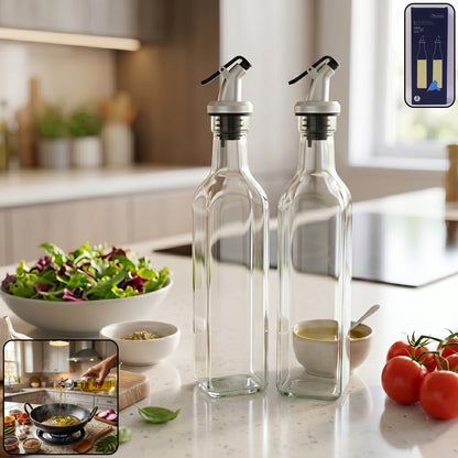 Glass Oil Dispenser Bottle Transparent Leak Proof Olive Oil Vinegar (2 Pc Set)
