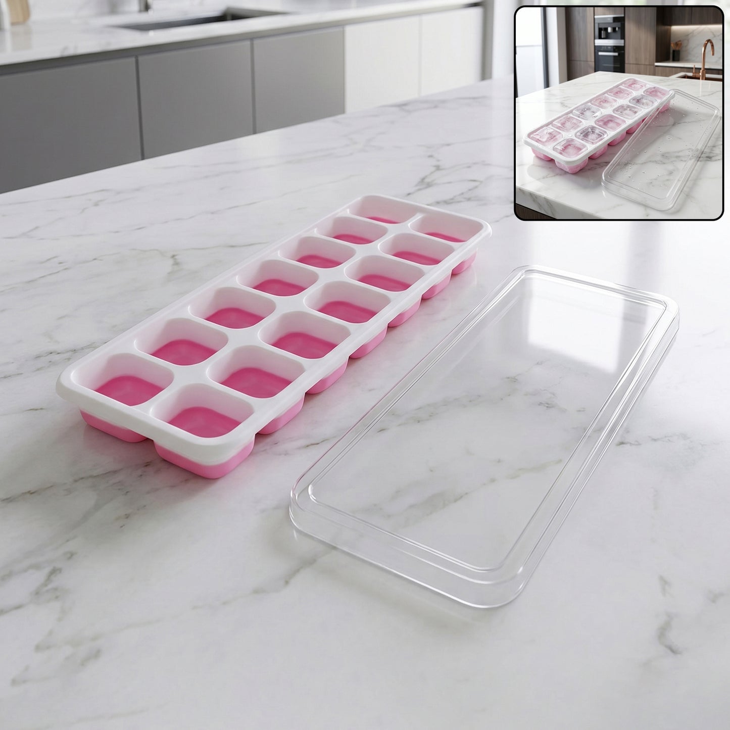 Multipurpose Plastic Ice Cube Tray With Lid (1 Pc 14 Gride  Pink)