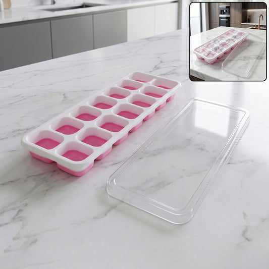 Multipurpose Plastic Ice Cube Tray With Lid (1 Pc 14 Gride  Pink)