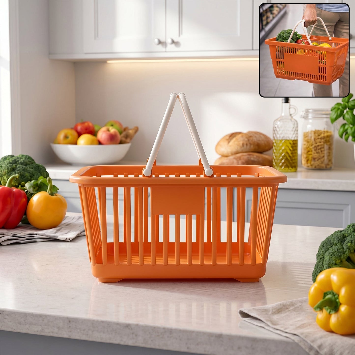 Plastic Storage Basket With Foldable Handles For Fruits Vegetables And Grocery (1 Pc)