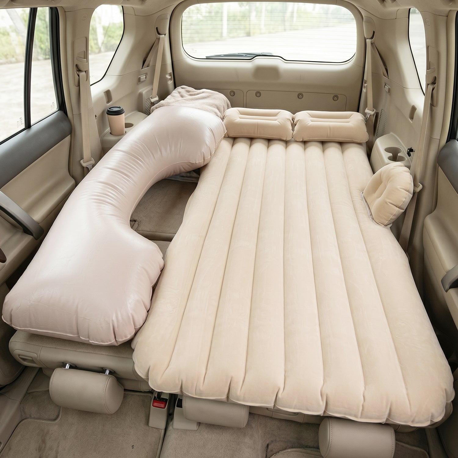 Portable Car Air Mattress Bed Set With Pump  Pillows Inflatable (Beige)