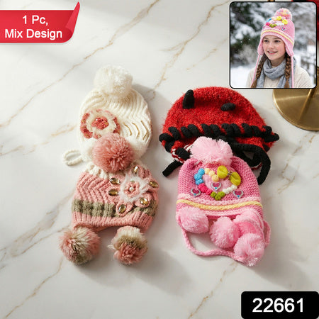 Cute Kids Winter Woolen Ear Flap Cap With Pom Pom (1 Pc Mix Design)