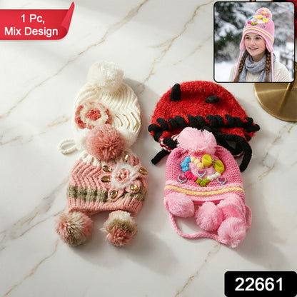 Cute Kids Winter Woolen Ear Flap Cap With Pom Pom (1 Pc Mix Design)