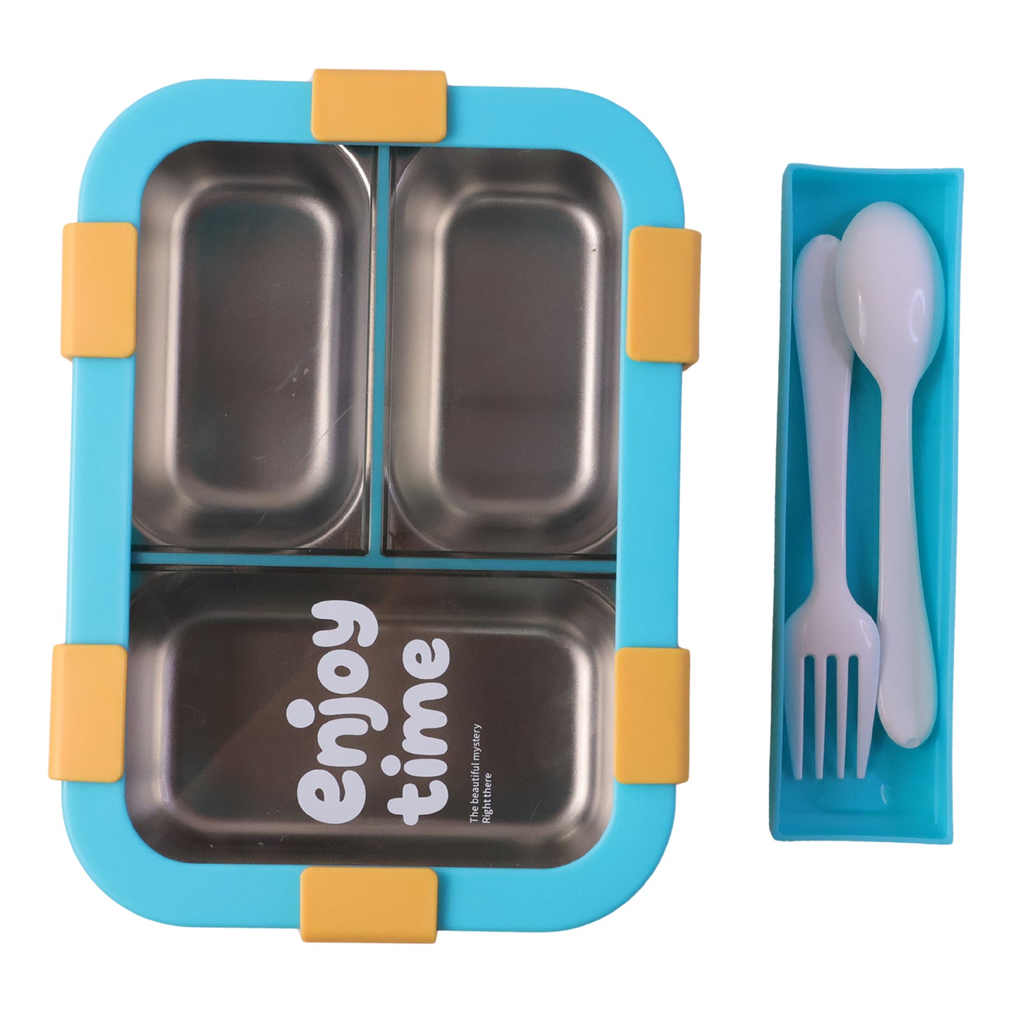 Airtight 3 Compartment Stainless Steel Lunch Box With Spoon  Fork  600ml