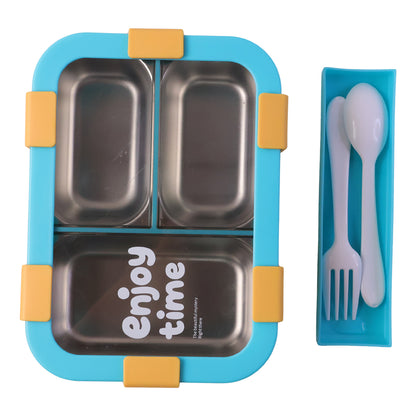 Airtight 3 Compartment Stainless Steel Lunch Box With Spoon  Fork  600ml