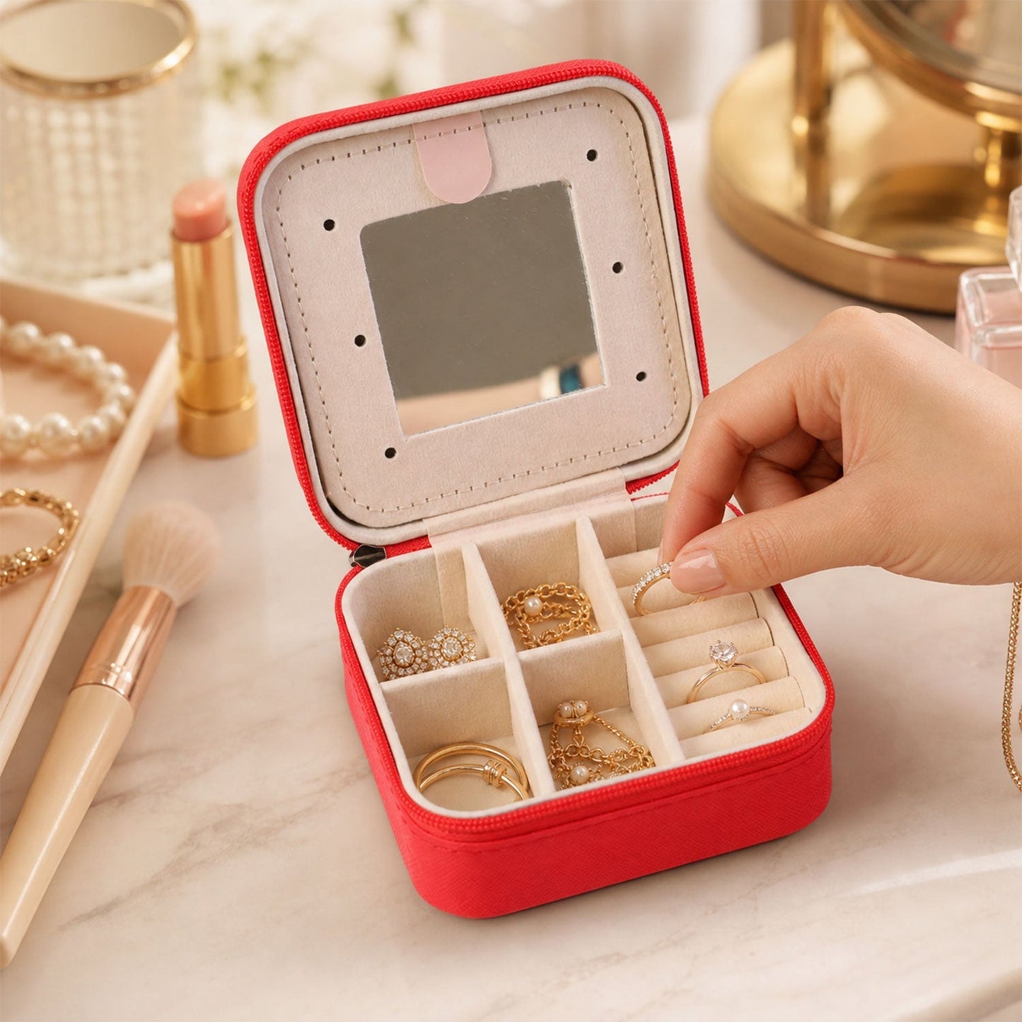 Mini Jewelry Organizer Box With Mirror For Rings And Earrings (1 Pc)