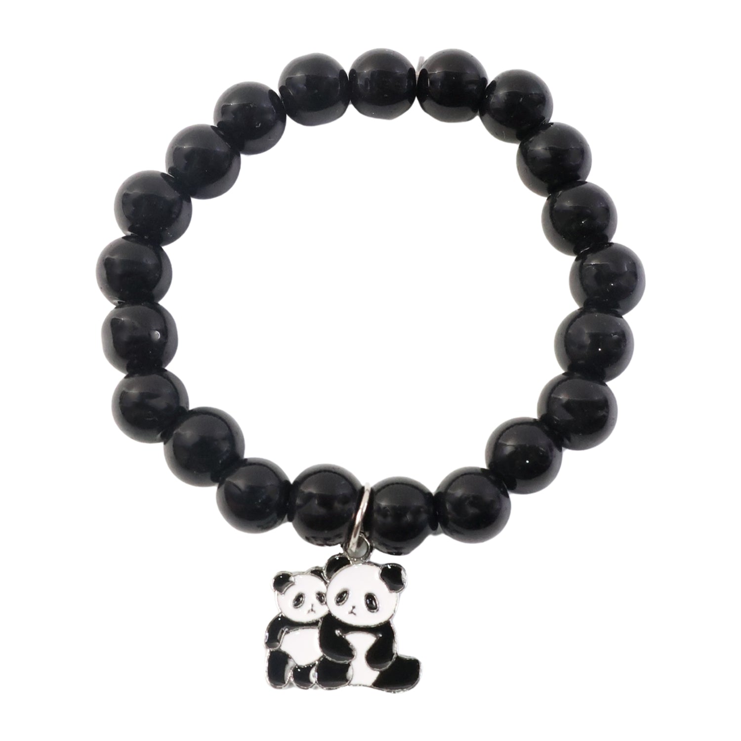 Premium Black Beaded Stretch Bracelet With Cute Panda Charm (1 Pc)