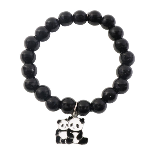 Premium Black Beaded Stretch Bracelet With Cute Panda Charm (1 Pc)