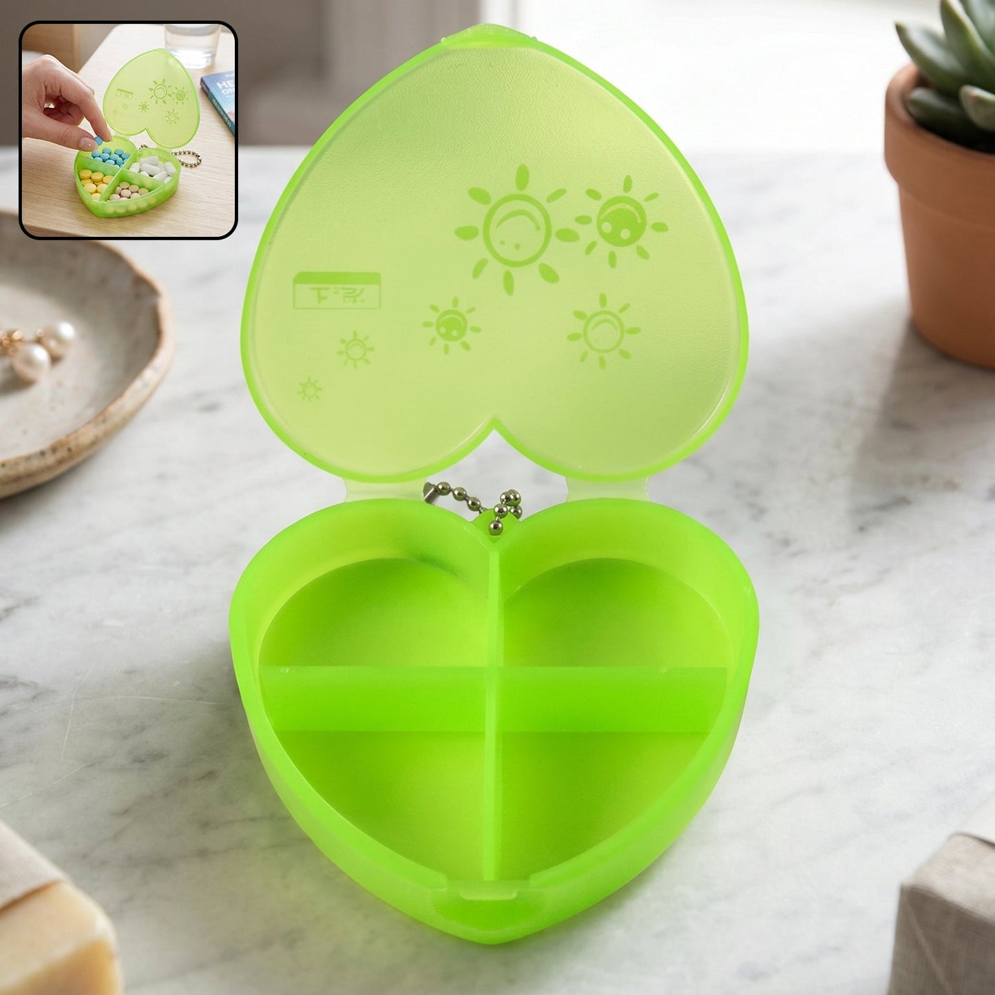 4 Compartment Heart Shape Plastic Pill Organizer Box With Keychain (1 Pc)