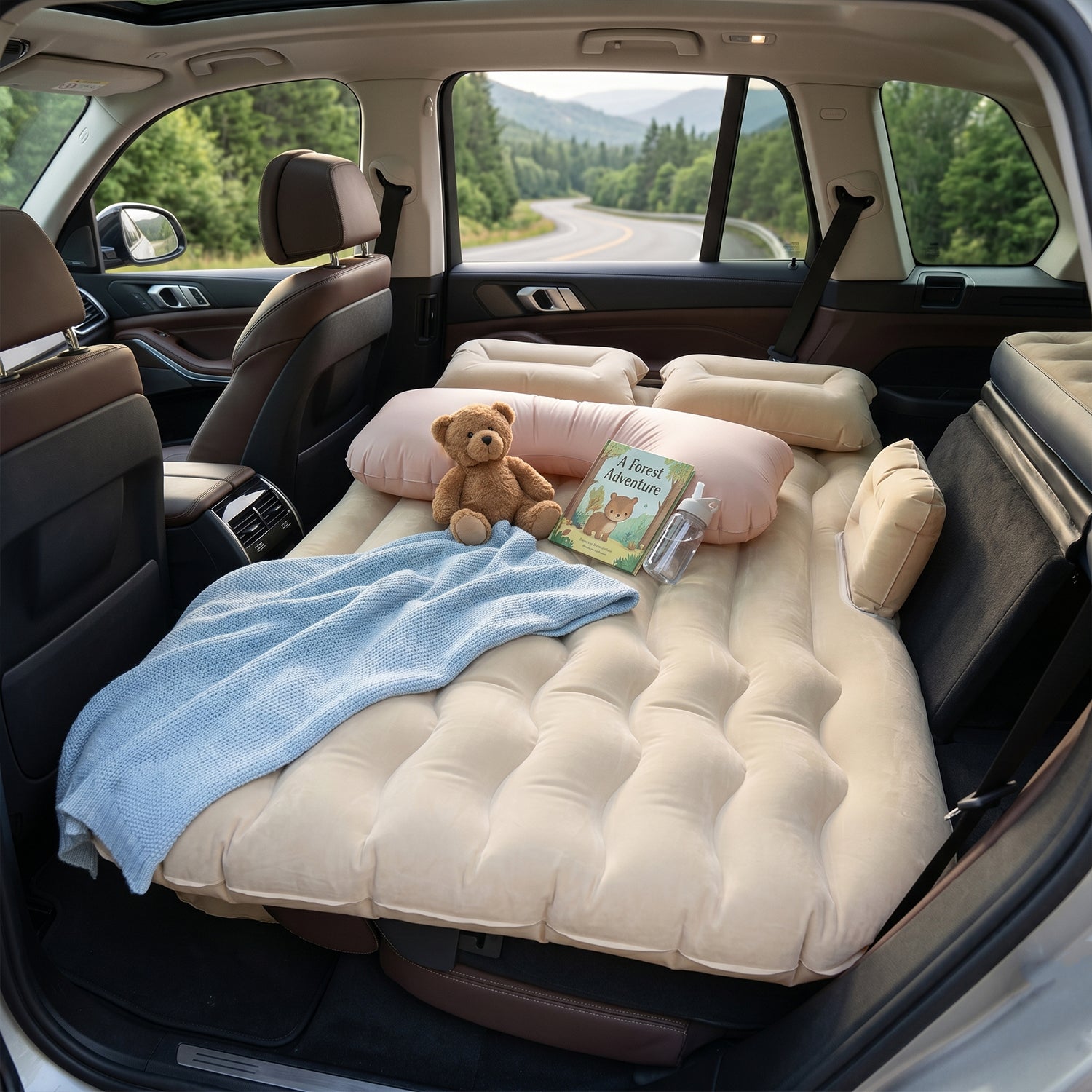 Car Air Mattress Bed Set With Inflatable Cushions And Pump -1 Set (Mix Design)