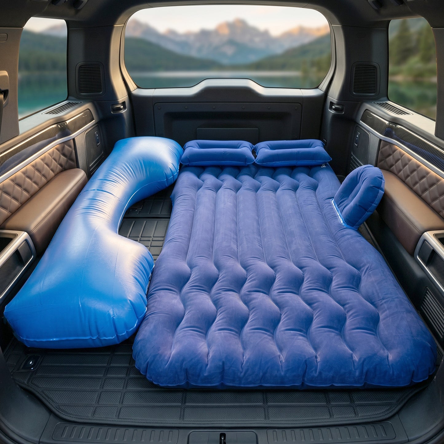Portable Car Air Mattress Bed Set With Pump  Pillows Inflatable (Dark Blue)