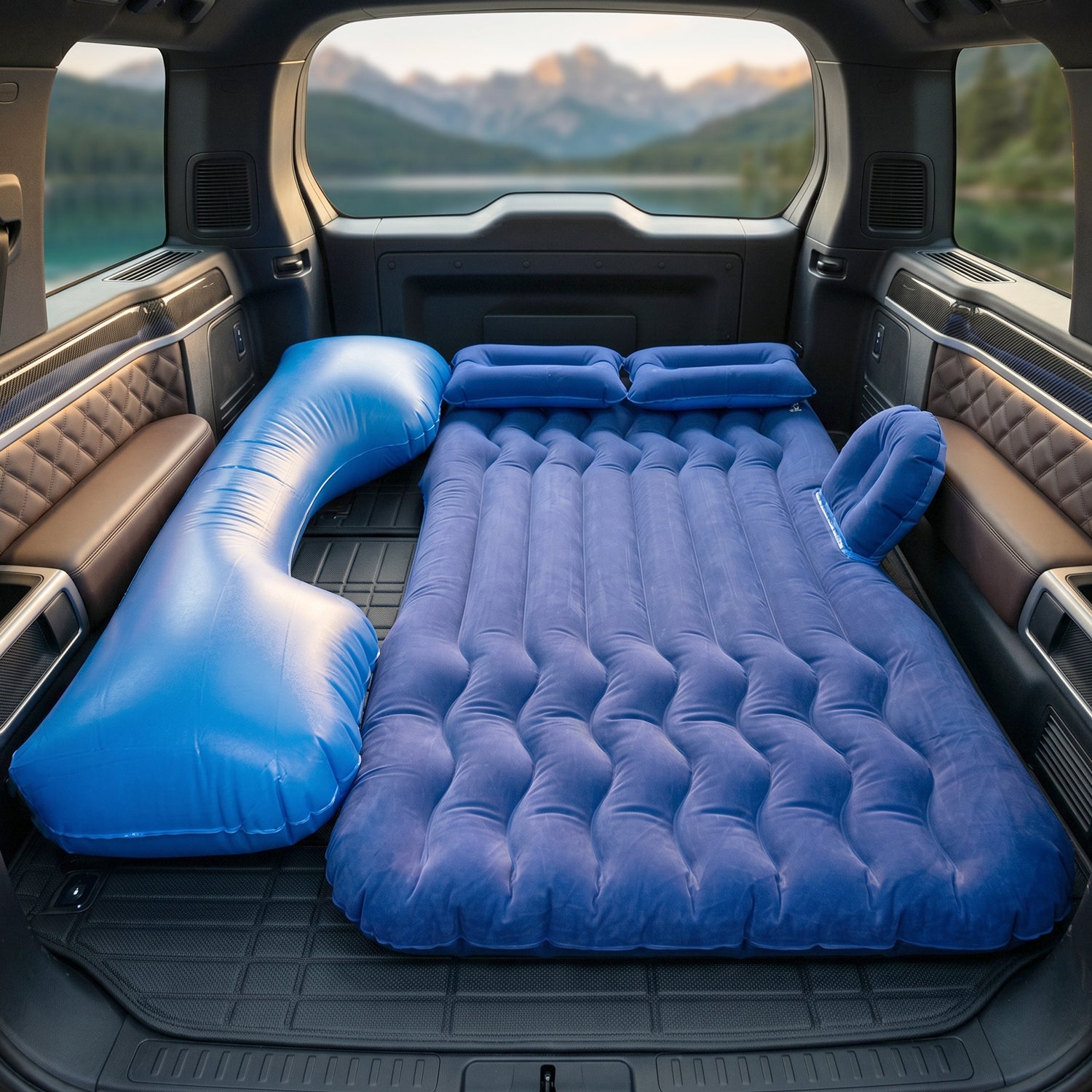Portable Car Air Mattress Bed Set With Pump  Pillows Inflatable (Dark Blue)