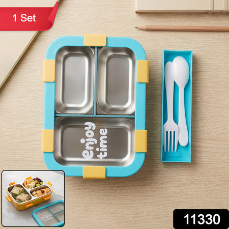 Airtight 3 Compartment Stainless Steel Lunch Box With Spoon  Fork  600ml